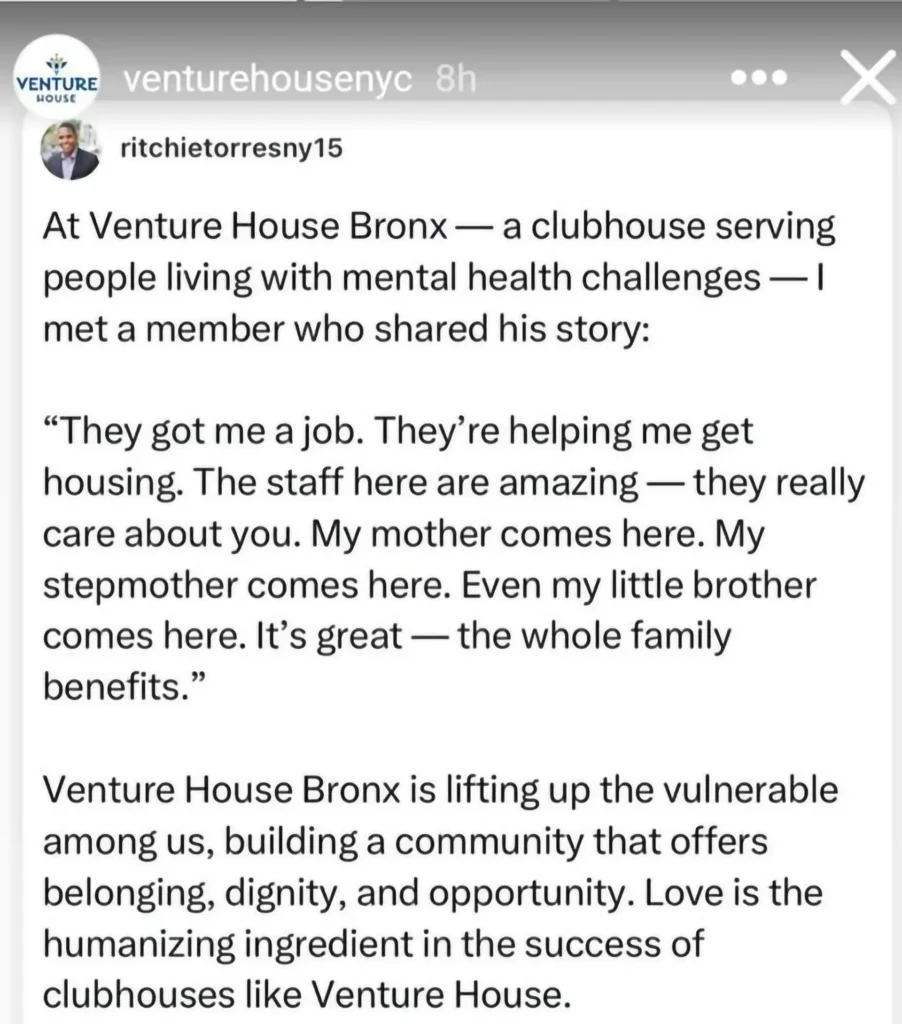 A screenshot of a post by Ritchie Torres with a testimonial for Venture House.