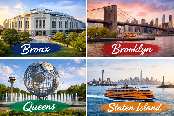 Postcard of bronx, brooklyn, queens, and staten island graphic